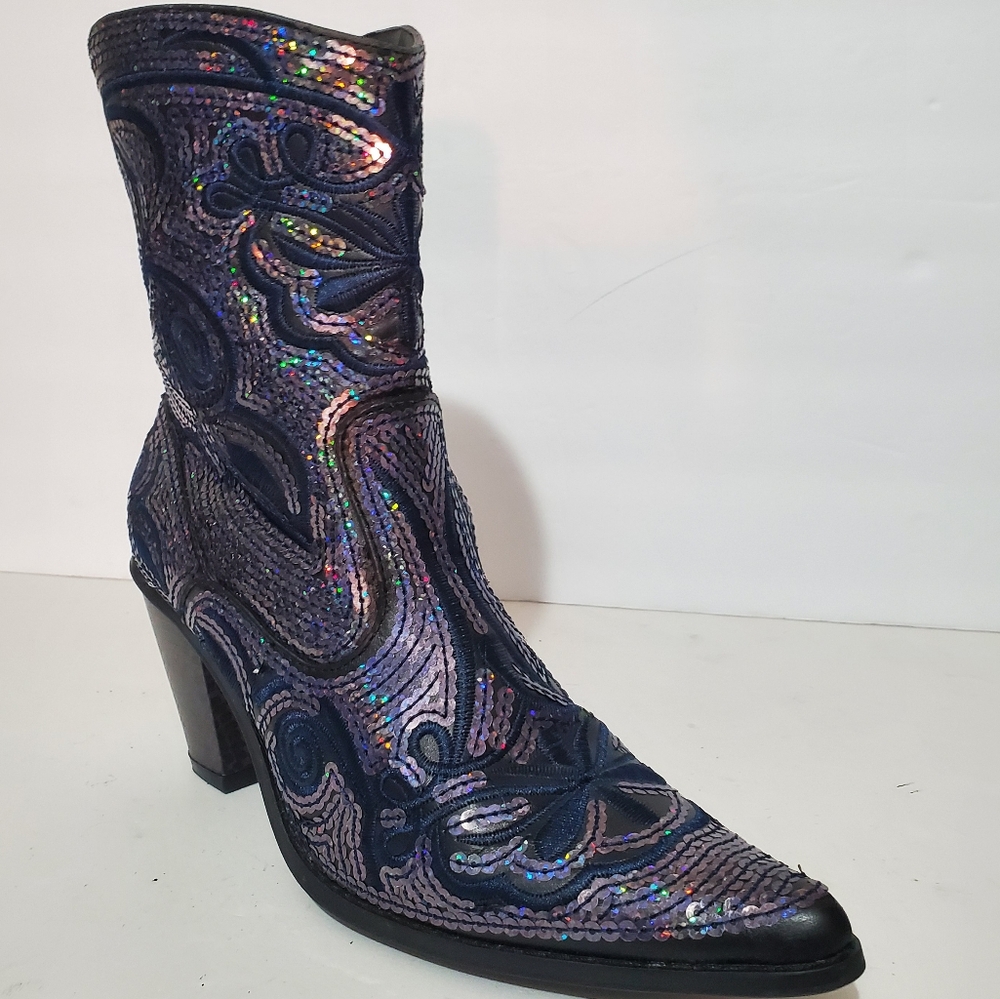 Helen's Heart navy blue sequin embroidered western dressy boots 7 NWOB